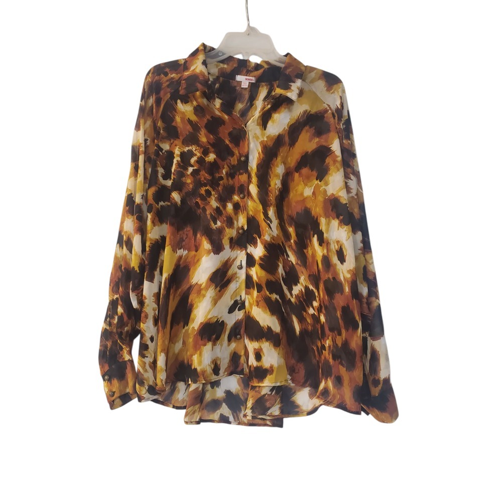 Bongo Womens Shirt 2X Animal Print Long Sleeve Cuffed Sleeve Collared Blouse